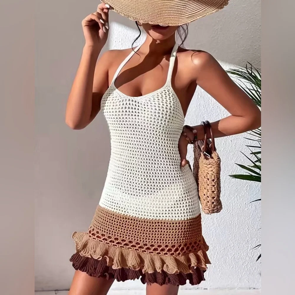 NEW- Crochet bathing suit cover - dress halter top style Large- cream color only - Picture 1 of 6